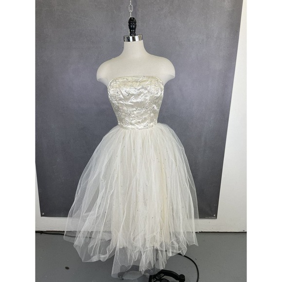 Vintage 1950 Strapless Ivory Satin Tulle Party Dress - Picture 5 of 6